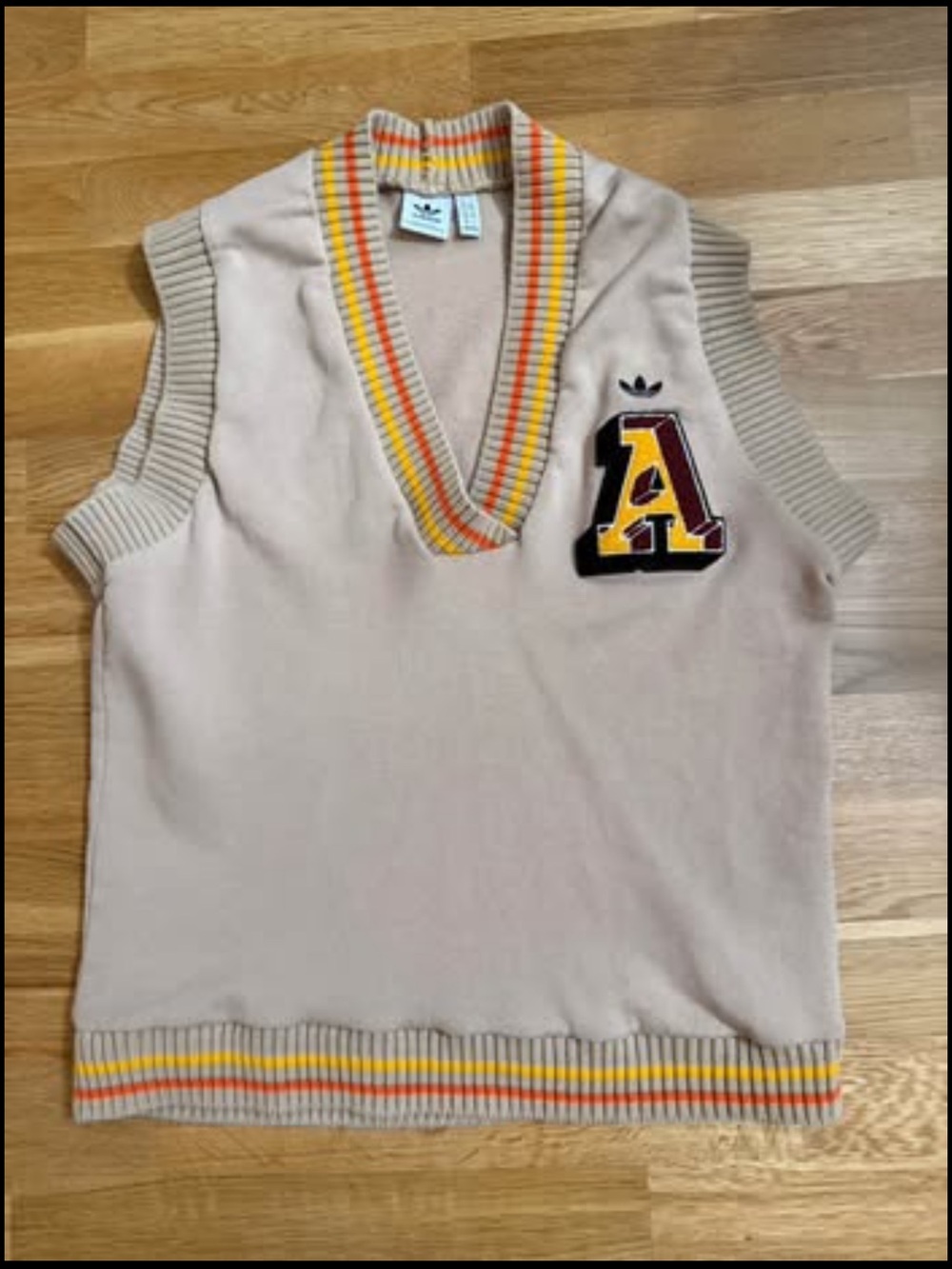adidas Beige V-Neck Sweater Vest with Yellow & Orange Stripes